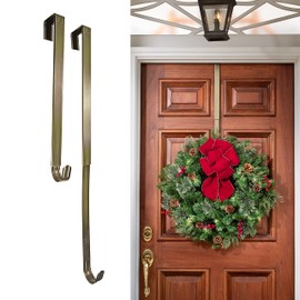 Haute Decor Adapt Adjustable Length Wreath Hanger 2-Pack (Antique Brass) - Two Front or Back Door Decor Holders, Extends from 16.5" to 25", Over Door Hanger with Pads on The Back, Holds up to 10 lbs.