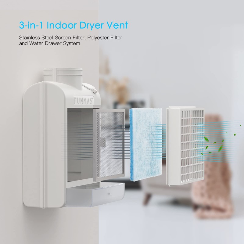 FUNMAS 3-in-1 Indoor Dryer Vent, Stainless Steel Screen Filter, Polyester