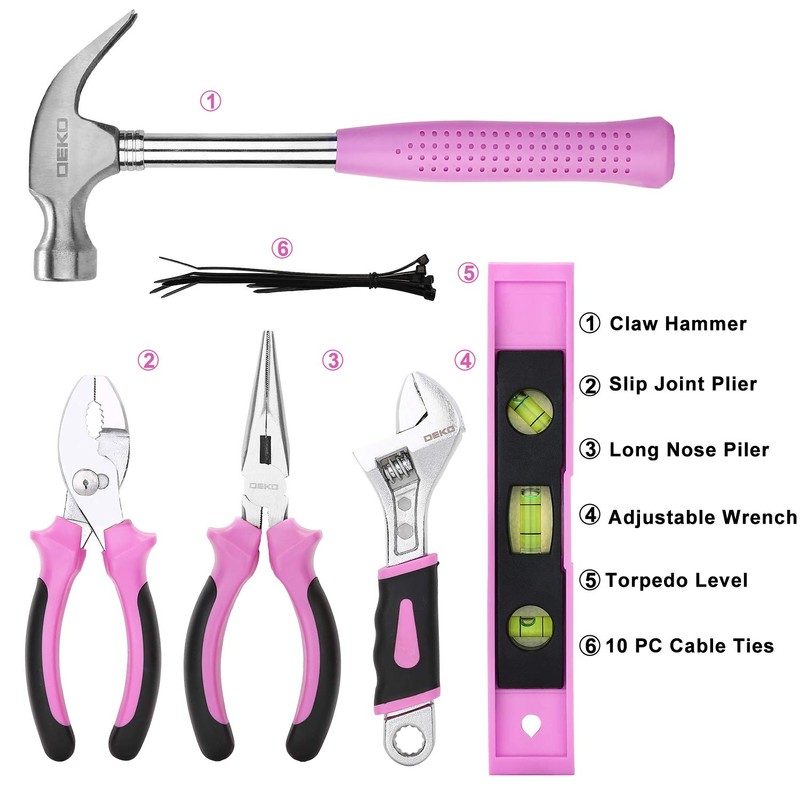DEKO Pink Tool Set 110 Piece Household Tool Kit,Ladies Portable