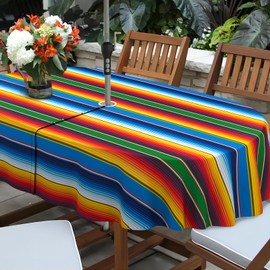 bnhjsdw Mexican Strips Outdoor Tablecloth with Umbrella Hole for Oval Table, Waterproof Strip Patio Table Cloth with Zipper - 52 x 70 inches