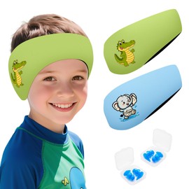 JJKOL Pack of 2 Children's Swimming Headbands, 2 Pairs of Ear Protection, Swimming Earplugs & Neoprene Swimming Band, for Children and Adults, Pool, Showers and Water Sports, Green and Blue, S