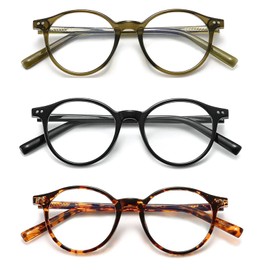 helena 3 Pack Round Blue Light Blocking Reading Glasses sStylish Anti Glare UV Readers (green/black/leopard, 1.5)