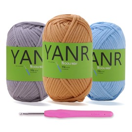 Crochet Yarn for Beginners, Cotton-Nylon Blend Beginner for Crocheting with Easy-to-See Stitches， Worsted-Weight Medium #4,3 Pack Yarn with Hook(3 * 50g) Khaki +Light Gray +Light Blue