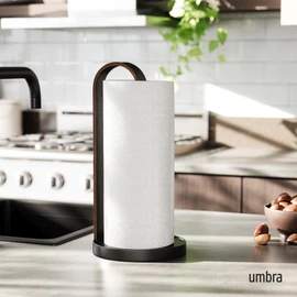 Umbra Bellwood Paper Towel Holder for Kitchen Countertop, with Real Wood Stand and Weighted Metal Base, Black/Walnut