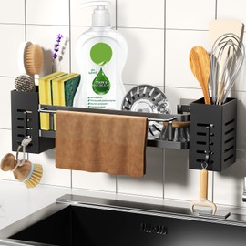 Bellovero Spülbecken Organizer Hängend,Edelstahl Küchen Organizer mit Herausnehmbarer Aufbewahrungsbox,Spültuchhalter und Haken,Schwammhalter Spüle Organizer für Küche Badezimmer,Ohne Bohren (black)