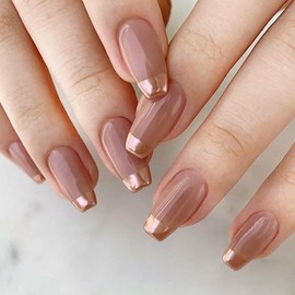 French Tip Press on Nails Medium Square Fake Nails Glitter Glossy Full Cover Gel Glue on Nails with Chic Design Luxury Coffin False Nails for Women Kids Manicure Nail Decor - Rose Gold