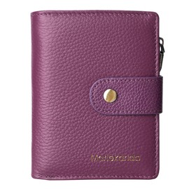 Ladies' fashionable leather wallet, large capacity, multiple card slots, zipper and snap closure, RFID shielding protection credit card clip, short wallet, Deep purple, Elegant Style
