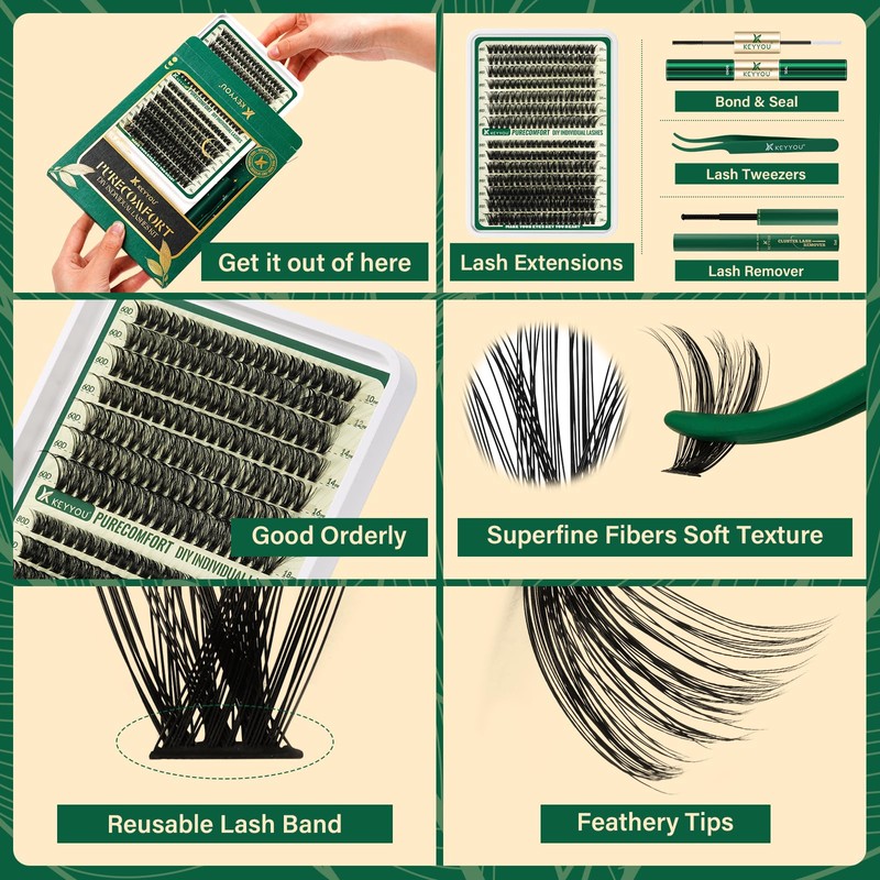KEYYOU DIY Lash Extension Kit 280pcs Soft Lash Clusters 60D+80D