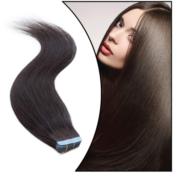 Elailite Tape-In Real Hair Extensions, 20 Pieces Hair Extensions, Straight, 30 cm, 40 g, #1B Natural Black