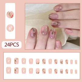 Hrnsnails Short Square Press On Nails - Short Fake Nails with Green Gold Leaves Glossy Design, Artificial Nails Press Ons, Press On Nail Kit Stick On Nails for Women-24Pcs