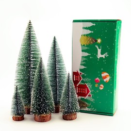 5pcs Mini Christmas Tree, Wooden Base Small Bottle Brush Christmas Tree, Christmas Village Small Christmas Tree, Suitable for Desktop Christmas Decoration, Holiday Party Decoration Crafts