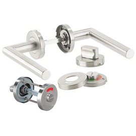 AGT Toilet Bathroom Lock Knob: Stainless Steel Door Fitting for Bathroom & Toilet, 2 Latches & Rosettes, Round (Toilet Lock, Door Fittings for Replacement, Door Lock)