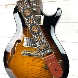 Walker And Williams H-42 Vintage Series Plush Back Cream Mandala Woven Guitar Strap With Thick Chestnut Leather Ends For Acoustic, Electric, And Bass Guitars