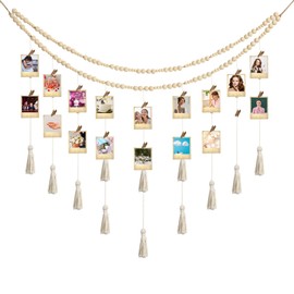 Amyhill Hanging Photo Display Boho Macrame Photo Wall Hanging with 24 Wood Clips Macrame Collage Picture Frame with Wooden Beads Double Layer Room Decor Art Display