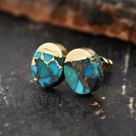 Unbranded Genuine Turquoise Gold Plated Women Healing Reiki Dainty Oval Stud Earrings Gift