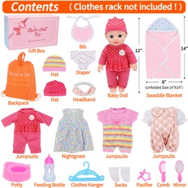 Besurejoy 12'' Baby Doll Nursery Care Playset with 4 Outfits,Clothes Hanger,Swaddle Blanket,Feeding Bottle,Diaper,Bib and Accessories.Dress-Up Pretend Play Reborn Toy Set for Girl Toddler Kids Ages 3+