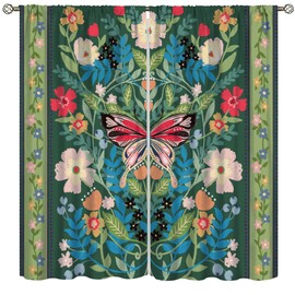 Bohemian Floral Green Blackout Curtain, Vintage Fresh Butterfly Flowers Illustrated Art Home Decor William Morris Style Theme Living Room Blackout Curtain 42" W X 45" L