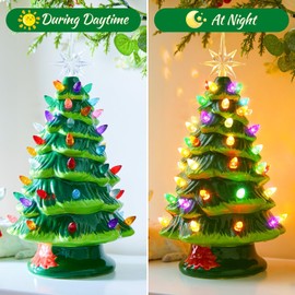 Brightown 13 Inch Ceramic Christmas Tree, Pre-lit Tabletop Christmas Tree with Multicolored LED Lights, Battery Operated Vintage Lighted Ceramic Tree for Home Office Table Holiday Decorations, Green