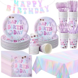 Sawysine 202 Pcs Iridescent Happy Birthday Party Supplies Disposable Dinnerware Set 50 Plates 25 Cups 25 Napkins 25 Plastic Forks 25 Knives 25 Spoons 25 Straw Flag Tablecloth to Serve 25 Guests