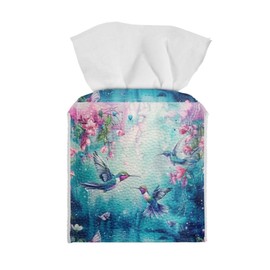 ZUXONGSY Hummingbird Tissue Box Cover Floral Leather Tissue Box Cover Blue Square Tissue Box Covers Cube for Countertop Tissue Boxes Bathroom Car Decoratiom