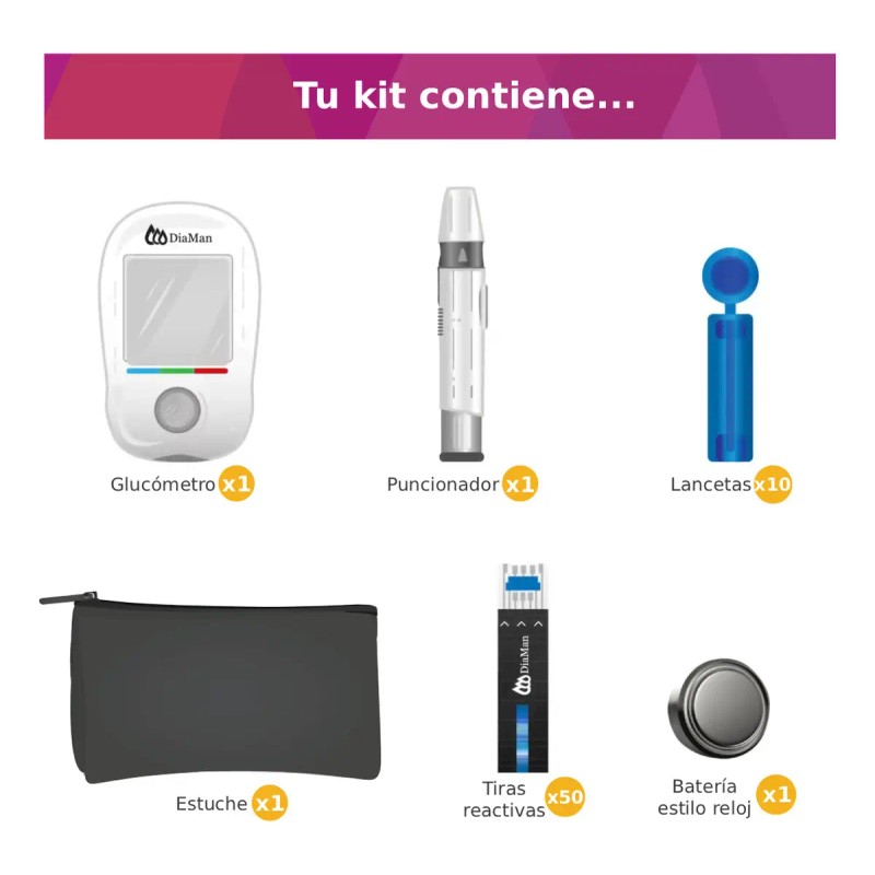 Glucómetro Smart DiaMan DMGM02-03 + Kit 50 tiras y 10