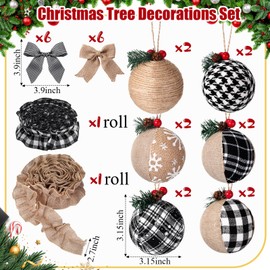 Aoriher 26 Pcs Burlap Christmas Ball Ornaments Rustic Farmhouse Christmas Tree Ornaments Decoration Hanging Buffalo Plaid Ornament Burlap Garland for Xmas Christmas Holiday Party(Black White Plaid)