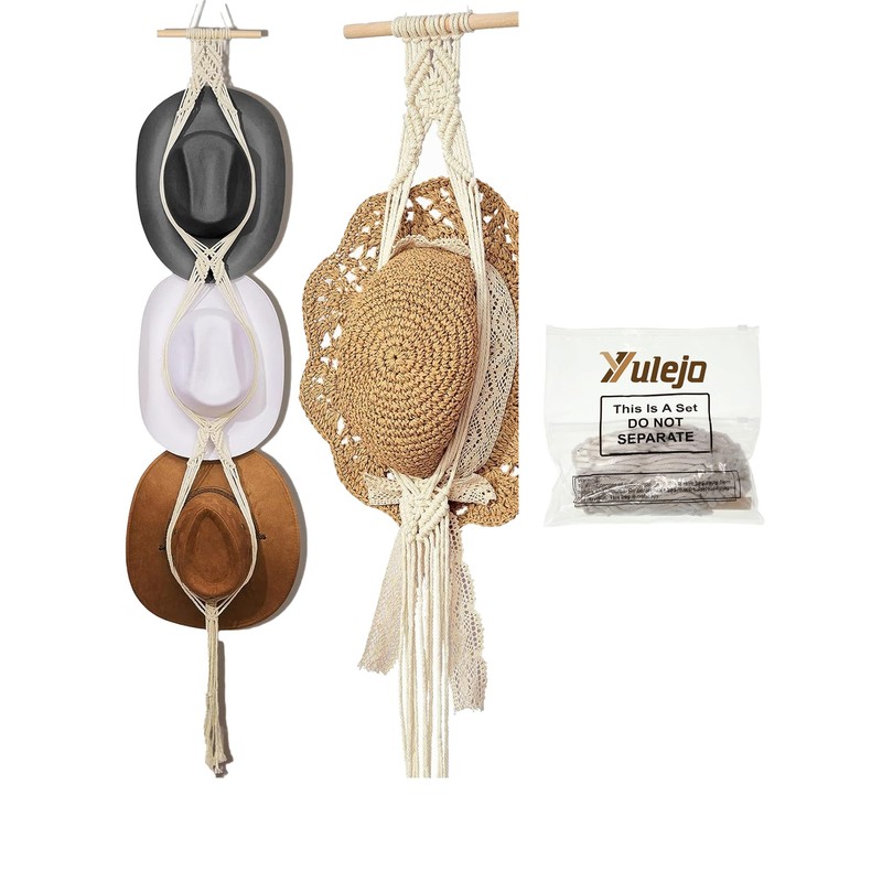 Yulejo Macrame Hat Hangers Boho Hat Rack for Wall Western
