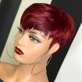 Pixie Cut Wig for Black Women Human Hair 99J Burgundy Color Pixie Wig with Bangs Real Human Hair Short Wigs for Black Women Layered Wigs For Women Full Machine Made Wigs (99J Burgundy)