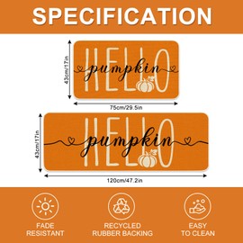 JarThenaAMCS Hello Pumpkin Kitchen Mats Set of 2, Orange Fall Pumpkin Kitchen Floor Mat Non-Slip Decorative Bathroom Rugs for Autumn Thanksgiving Holiday, 17 x 29 Inch & 17 x 47 Inch