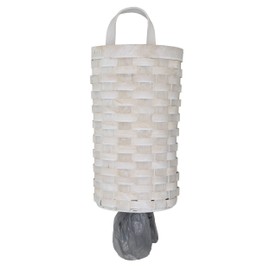 AuldHome Wicker Grocery Bag Holder (Whitewashed); Wall-Mounted Rustic Farmhouse Plastic Bag Dispenser for Kitchen or Laundry Room