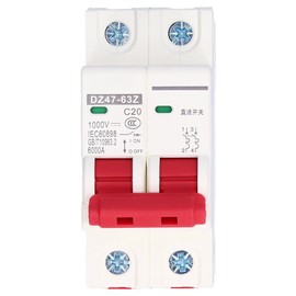 DC Circuit Breaker, DC Isolator Switch DZ47-63Z-2P 1000V 20A for Photovoltaic Systems, Thermal Magnetic Trip, 35mm DIN Rail Mounting, PV Isolator Switch, Solar System Isolator