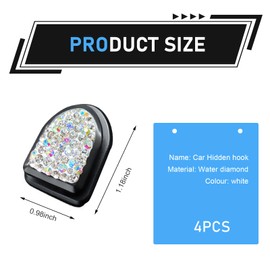 Arwrilt 4 PCS Car Bling Mini Hooks, 0.98" x 1.18" ABS Rhinestone Hanging Auto Storage Hooks, Self-Adhesive Mini Cute Dashboard Hanging Hooks, Universal Interior Decor for Most Cars, Families (White)