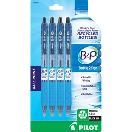 PILOT B2P - Bottle to Pen Refillable & Retractable Ball Point Pen Made From Recycled Bottles, Medium Point, Black Ink, 4-Pack (32809)