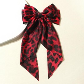 Large Leopard Hair Bow, Leopard Print Hair Bow Clips Silky Satin Large Bows Hair Clip Hair Ribbons Leopard Long Tail Big Hair Bows Accessories for Women Girls (Red)