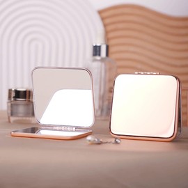 Folding Mini Double Sided Travel Makeup Pocket Mirror, Stainless Steel Ultra Slim for Personal Magnifying Compact Mirror for Women Home Office Travel (Rose Gold)