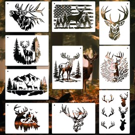 JIHIMODO 10 Pieces Deer Wood Burnig Stencils for Painting Animal Forest Mountain Tree Deer Head Stencils on Wood Wall Canvas Crafts (Style:Deer)