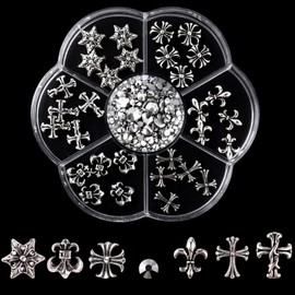 CCanollo 7 Typen 230 Stück Nail Charms Silber, Verchromtes Metall, 3D Silberner Charms Nägel mit Kreuz, Gothic-Retro-Punk Nagelschmuck, Nagel Steine, Silver Strasssteine, für DIY Nageldesign