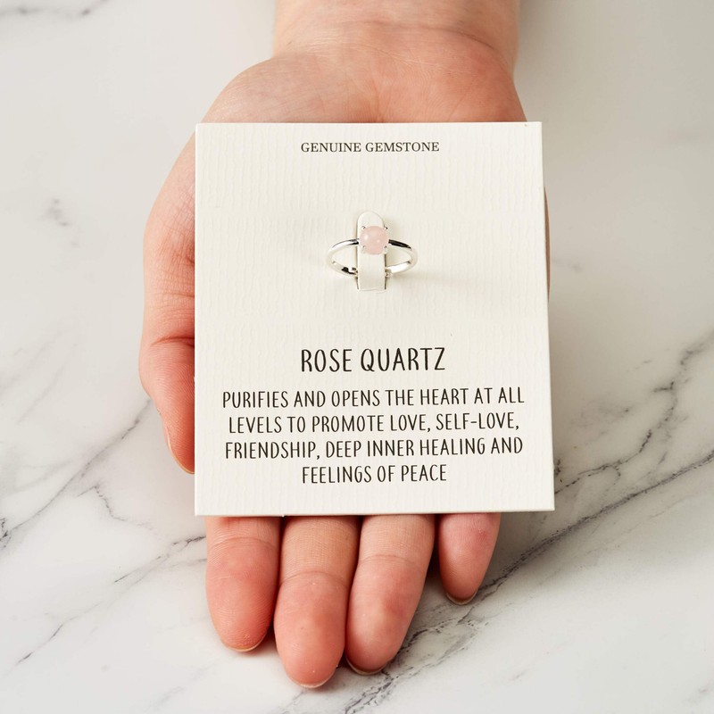 Philip Jones Rose Quartz Adjustable Ring with Quote Card