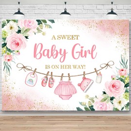 Sensfun Cute Clothes Baby Shower Backdrop A Sweet Baby Girl is On Her Way Banner Watercolor Pink Floral Sweet Little Girl Baby Shower Party Decorations Banner Supplies Photo Booth Props 7x5ft