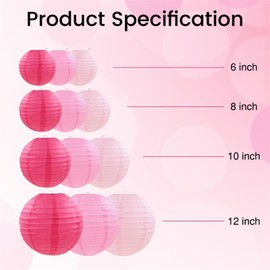 ZIKSUN Paper Lanterns Decorations,12Pcs Different Sized 6" 8" 10" 12"Hanging Pink Round Paper Lanterns for Birthday,Wedding,Party,Home Ceiling Decoration (Pink)