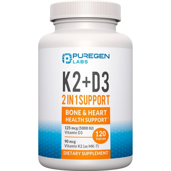 2 in 1 High Potency Formula 90mcg Vitamin K2 (MK7) and 5000 IU Vitamin D3 Supplement for Bone and Heart Health. Non-GMO Formula, Easy to Swallow Vitamin D & K Complex, 120 Capsules I 4-month supply