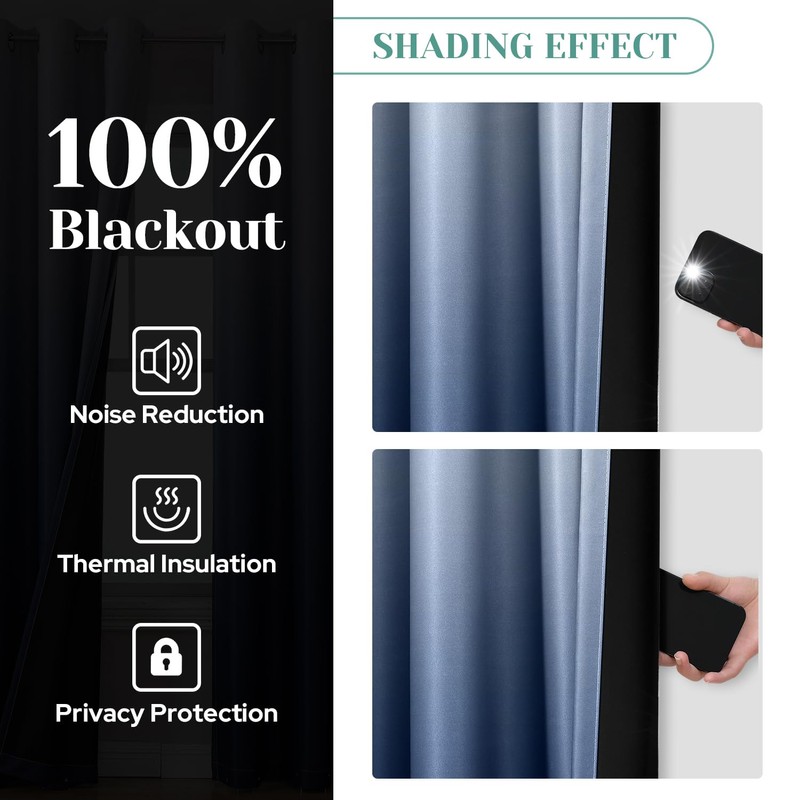 HOMEIDEAS Navy Blue 100% Ombre Blackout Curtains for Bedroom, 52