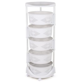 Kaibrite Rotating Kitchen Storage Rack, Multi-Layer Revolving Basket Kitchen Shelf with Wheels, for Kitchen, Bathroom, Laundry Room, Garage, White (5-Layer)