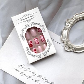 French Tips Press on Nails Short Square Valentine’ s Day Fake Nails with Pink Red Lips Design Glossy Glue on Nails Full Cover Nude Acrylic Nails Short False Nails for Women Valentine’ s Day Manicure