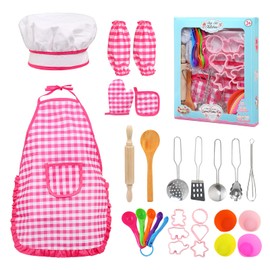 BelleStyle Kids Baking Set, 28Pcs Kids Cooking Set for Age 3-8, Kids Chef Set, Includes Apron for Girls, Chef Hat, Mitt & Utensil for Toddler Dress Up Chef Costume Career Role Play Set