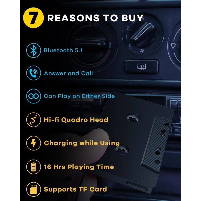 zeesean Car Bluetooth 5.1 Cassette Adapter Support TF Card, Wireless