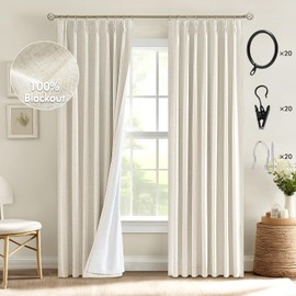 MIULEE Tan Beige Pinch Pleated 100% Blackout Linen Curtains 90 Inch Length 2 Panels Set, Pleat Curtains with Pin Hooks, Black Out Light Blocking Room Darkening Drapes for Bedroom Living Room Window