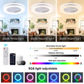 HUMHOLD Smart Low Profle Ceiling Fans with RGB Lights Remote/APP/Voice Control, 20" Bladeless Ceiling Fans with 6 Speeds, Timer, Quiet DC Motor, Ceiling Fan with Light for Kids Bedroom/Living Room