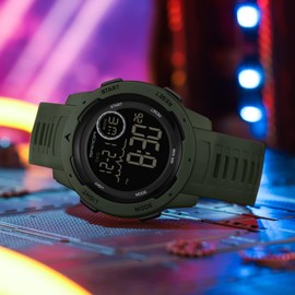 Watches Men's Digital Military Sports Watch 50 m Waterproof Digital Watch with Alarm Clock Date Digital Watch LED Stopwatch 12/24H Tactical Watch for Men Boys Outdoor, Green, Strap.