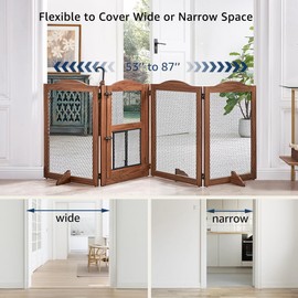 beeNbkks Freestanding Pet Gate with Cat Door, Dog Proof Cat Gate, Indoor Dog Gates for The House Doorways Stairs, Metal Mesh Wooden Small Animal Pet Barrier with Walk Through Door and Support Feet